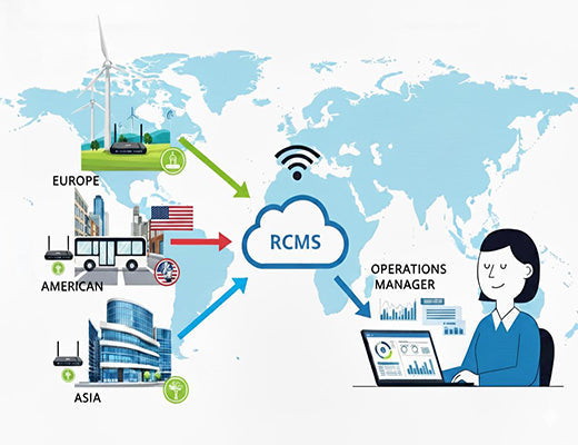 An infographic showing how the RCMS platform provides centralized management for a global fleet of diverse IoT devices from a single point of control.