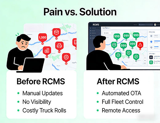 A comparison showing the chaos of manually managing an edge products fleet versus the calm, centralized control provided by the RCMS platform.