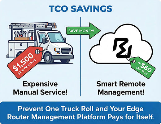 A TCO graphic showing how an RCMS-managed edge router saves money by replacing expensive 