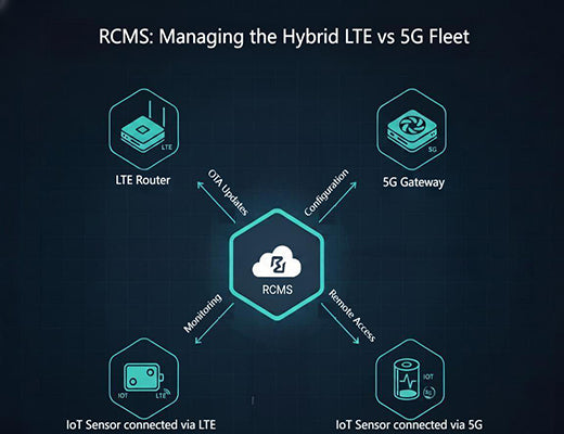 Diagram showing how a central management platform like RCMS provides unified control and visibility over a hybrid fleet of lte vs 5g devices during the migration process.