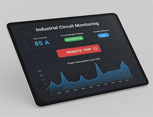 Diagram showing a Robustel R1520 router used for smart power distribution room monitoring, connected to a power meter, circuit breaker, and smoke detector.
