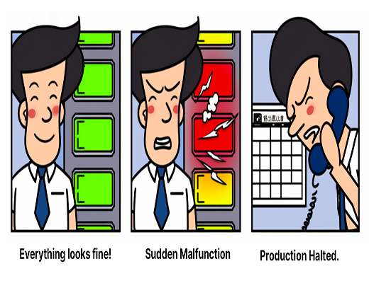 A cartoon illustrating the problem with reactive maintenance, where a sudden equipment failure leads to unplanned production downtime.