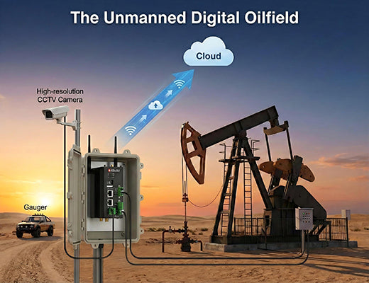 An illustration of a remote oil well equipped with a 5G gateway for remote monitoring and control, eliminating the need for daily truck maintenance visits.