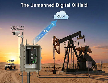 An illustration of a remote oil well equipped with a 5G gateway for remote monitoring and control, eliminating the need for daily truck maintenance visits.
