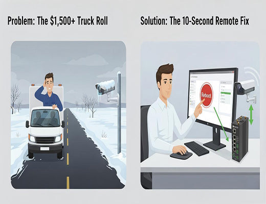 An infographic comparing the high cost of a manual site visit to the efficiency of remotely rebooting a frozen IP camera using a PoE router and RCMS.