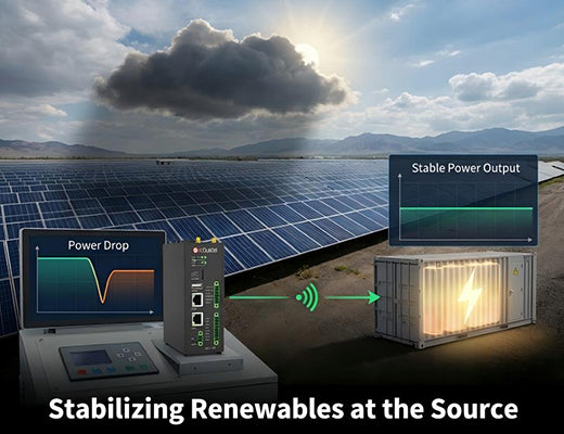 A diagram showing an edge device automatically balancing power output at a solar farm by triggering battery storage during cloud cover.