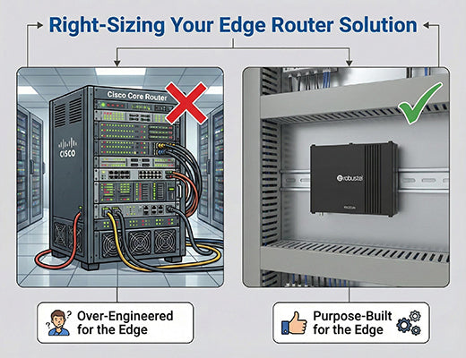 A graphic showing that a Cisco router can be over-engineered, while a Robustel edge router is the right-sized tool for industrial edge connectivity.