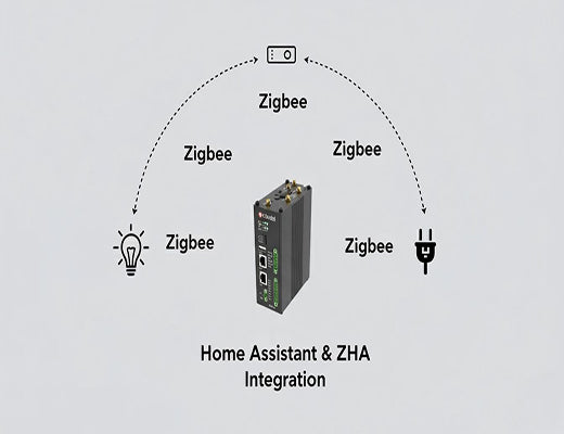 Diagram showing the Robustel EG5120 as a Zigbee Home Assistant gateway, connecting to smart home devices like sensors and lights via a USB dongle.
