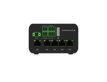 A realistic CAD-style rendering of the bottom interface panel of a black Robustel industrial gateway. The image shows five Gigabit Ethernet ports (ETH0-ETH4), a USB port, terminal blocks for DIDO, AI, and Serial communication (RS232/RS485), a power input 