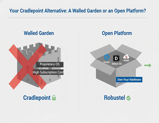 A diagram comparing the closed, proprietary Cradlepoint edge product to the open-platform Robustel edge product, a key advantage for an alternative.