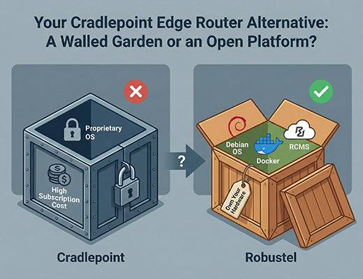 A diagram comparing the closed, proprietary Cradlepoint edge router to the open-platform Robustel edge router, a key advantage for an alternative.