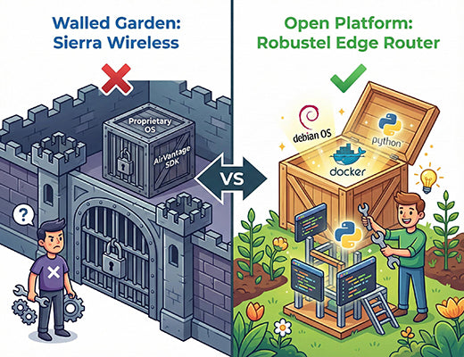 A diagram comparing the closed, proprietary Sierra Wireless edge router to the open-platform Robustel edge router (Debian/Docker) as an alternative.