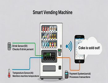 Diagram showing how a Robustel R1520 uses industrial interfaces to monitor a smart vending machine and send a remote alert.