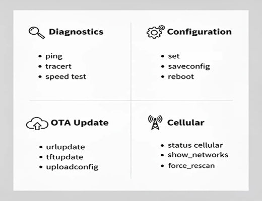 An infographic cheat sheet of key RCMS CLI access commands, categorized into diagnostics, configuration, file operations, and cellular control.