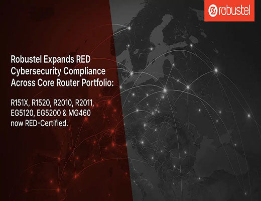 Robustel announces its core router portfolio, including R151X, R1520, R2010, R2011, EG5120, EG5200, and MG460, is now RED-Certified for cybersecurity, depicted against a global network background.