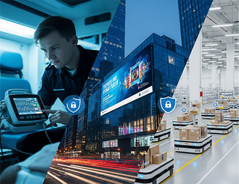 Collage of industrial applications using Robustel VPN for security, including a smart ambulance, digital signage, and an AGV.