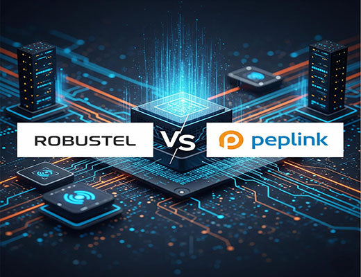 Infographic comparing Robustel and Peplink logos with a VS symbol, set against a high-tech network background.