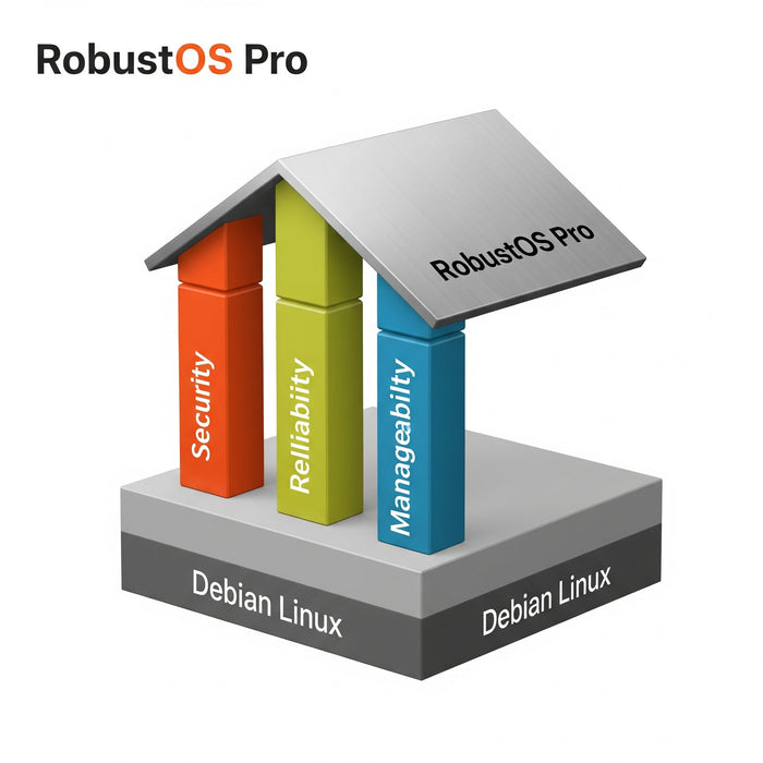 A diagram showing how the Debian-based OS for industry, RobustOS Pro, is built on a Debian foundation with added pillars of security, reliability, and manageability.