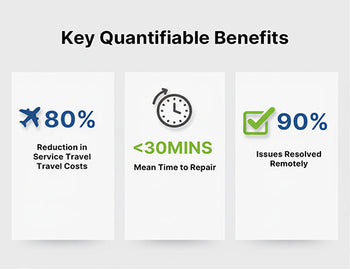 An infographic showing the business benefits of remote equipment monitoring with RobustVPN, including an 80% cost reduction and 90% remote issue resolution.