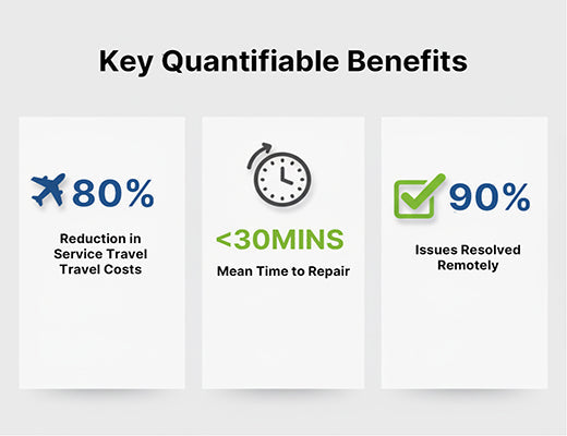 An infographic showing the business benefits of remote equipment monitoring with RobustVPN, including an 80% cost reduction and 90% remote issue resolution.