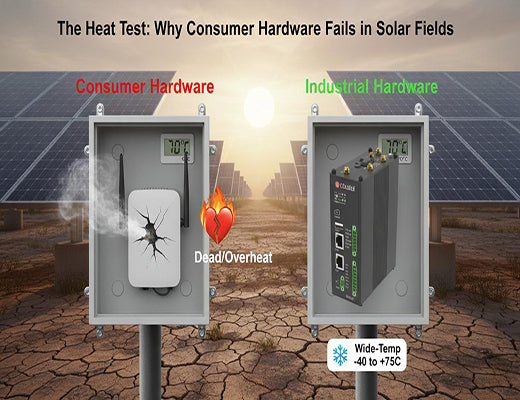 A graphic comparing a failing consumer router to a rugged edge product operating successfully in the high heat of a solar combiner box.