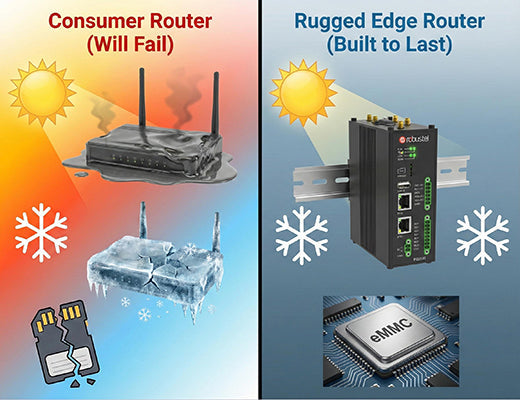 A diagram comparing a consumer router failing in heat/cold to a rugged edge router with wide-temp and eMMC storage, designed for industrial reliability.