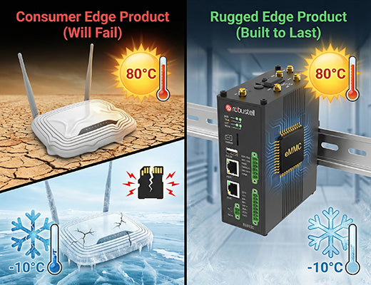 A diagram comparing a consumer edge product (plastic, SD card) failing in heat/cold to a rugged industrial edge product (metal, eMMC) that survives.