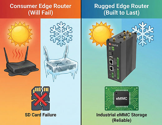 A diagram comparing a consumer edge router (plastic, SD card) failing in heat/cold to a rugged industrial edge router (metal, eMMC) that survives.