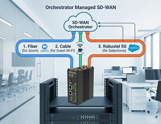 A diagram comparing traditional edge router VPN (all traffic to HQ) to an SD-WAN edge router (direct, application-aware cloud access).