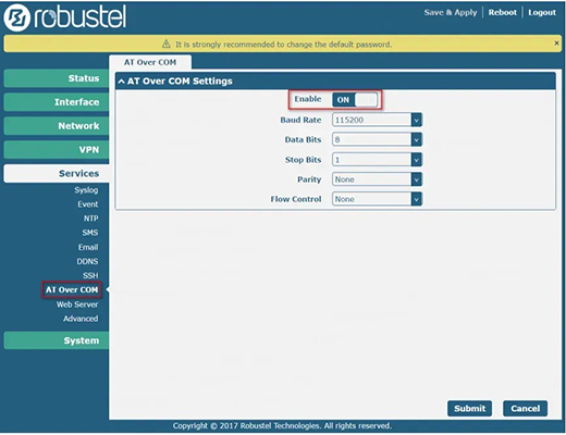 Screenshot of SecureCRT showing serial port settings for AT commands.