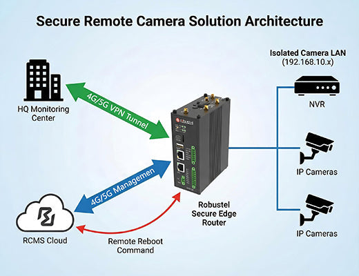An architecture diagram showing how a secure edge router isolates a CCTV network, uses a VPN for access, and is managed by RCMS for remote reboots.