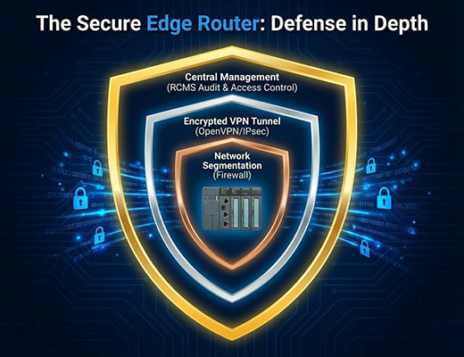 A defense-in-depth diagram showing how a secure edge router protects a PLC with a firewall, VPN, and central RCMS management.