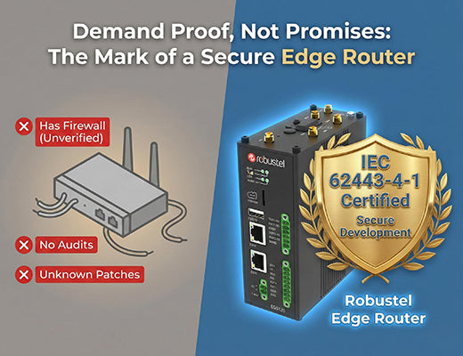 A graphic comparing an uncertified edge router to a Robustel edge router that is IEC 62443 certified, highlighting the proof of ot security.