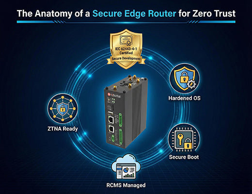 An infographic showing the key features of a secure edge router for a Zero Trust network, including IEC 62443 certification, a hardened OS, and RCMS.