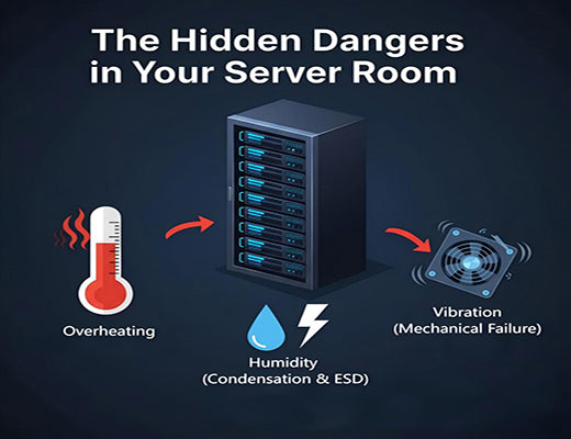 An infographic highlighting the primary environmental dangers in a server room beyond just temperature, including humidity and vibration