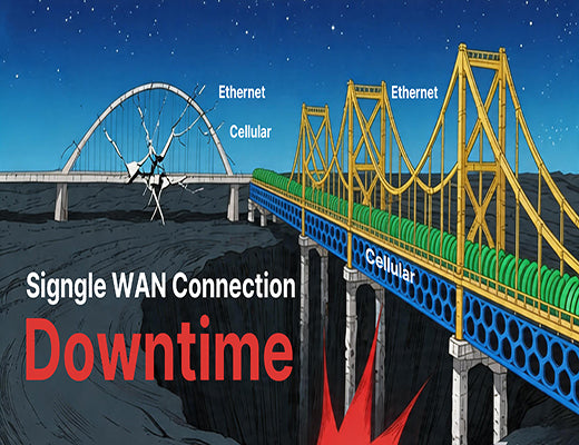 A diagram comparing a single broken chain link representing network failure to three strong interwoven ropes representing a multi-WAN IoT gateway's resilience.