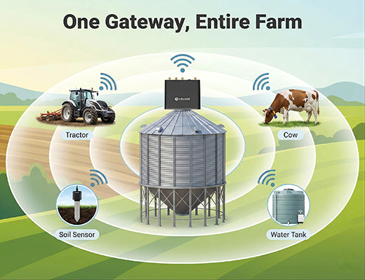 A visual overview of a smart farm showing a central LoRaWAN gateway on a silo connecting to livestock, soil sensors, and water tanks across the property.
