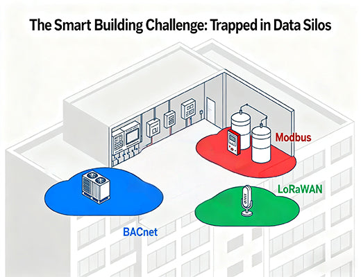 An infographic showing a smart building with its HVAC, metering, and sensor systems trapped in separate, disconnected data silos.