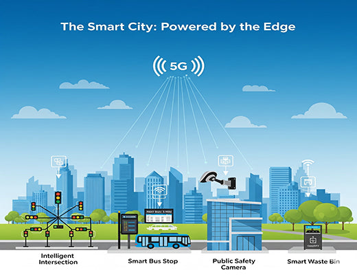 An infographic showcasing various smart city applications, such as traffic management and public safety, all powered by edge computing gateways.