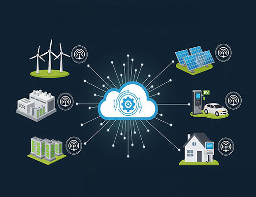 Infographic illustrating the smart energy ecosystem, showing how a central control center connects to various distributed energy assets like wind farms, solar arrays, and EV charging stations via IoT gateways.