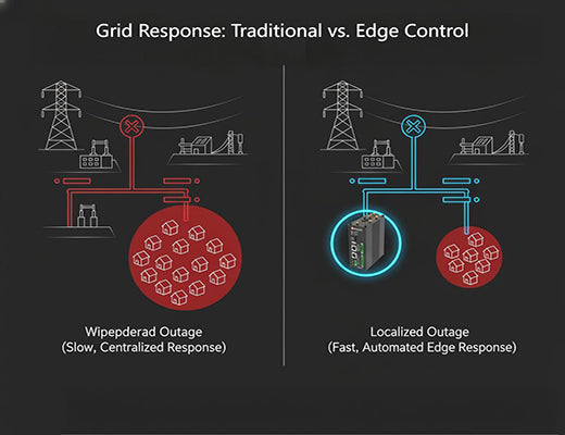 An infographic comparing a widespread outage on a traditional grid to the rapid, localized fault isolation on a smart grid enabled by edge control.
