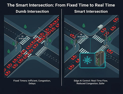 An infographic comparing a traditional, fixed-timer traffic light to a smart intersection powered by edge control that adapts to real-time traffic.