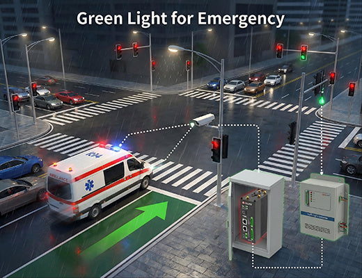 A visual scenario showing an edge device detecting an ambulance and automatically changing traffic lights to green to prioritize emergency response.