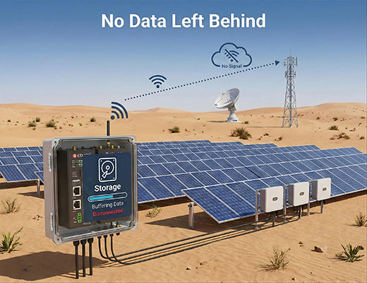 An architecture diagram of a remote solar farm showing an edge device buffering data locally during a network outage before transmitting to the cloud.