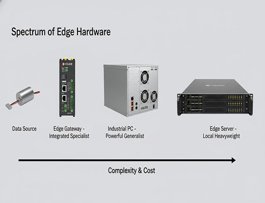 An infographic showing the spectrum of edge products, from a simple Edge Gateway to a powerful Edge Server, illustrating the trade-offs in cost and complexity.