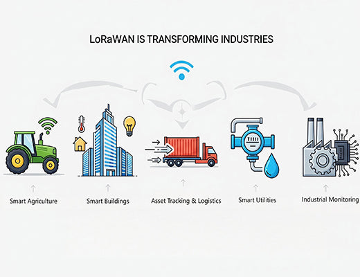 An infographic showcasing the top 5 industries being transformed by LoRaWAN use cases, including agriculture, buildings, logistics, utilities, and industrial monitoring.