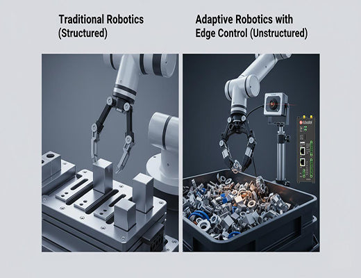 An infographic comparing a traditional, blind robotic arm to an adaptive one powered by edge control, which can handle unstructured tasks like bin picking.