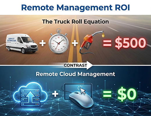 An illustration comparing the high cost of a physical truck roll maintenance visit versus the zero cost of remote management via an edge device platform.