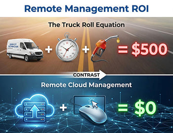An illustration comparing the high cost of a physical truck roll maintenance visit versus the zero cost of remote management via an edge device platform.
