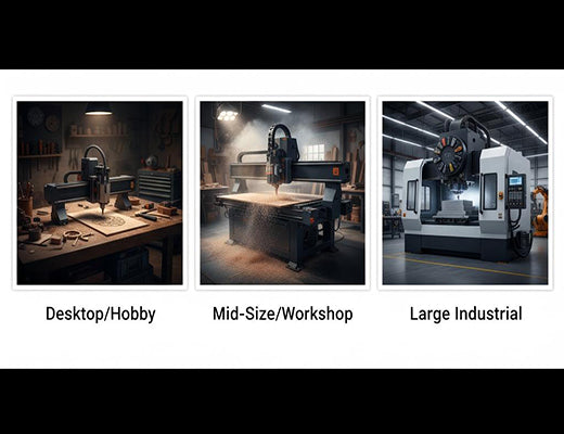 An infographic comparing the three main types of CNC routers: desktop/hobby, mid-size/workshop, and large industrial models.